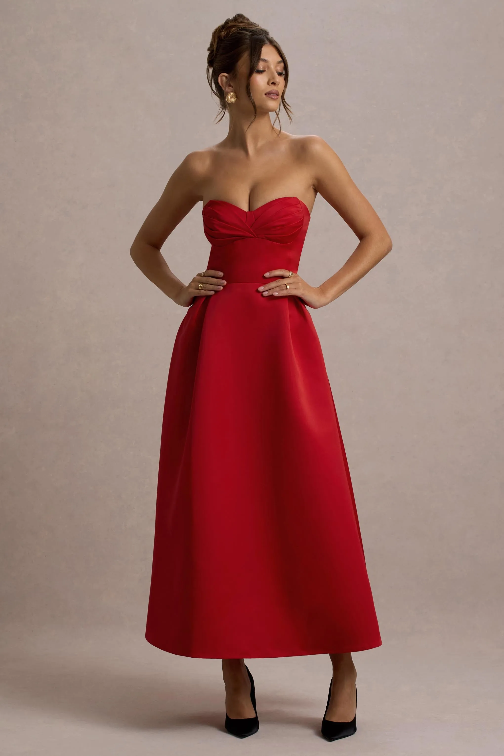 Wintour | Red Satin Sweetheart Midi Dress