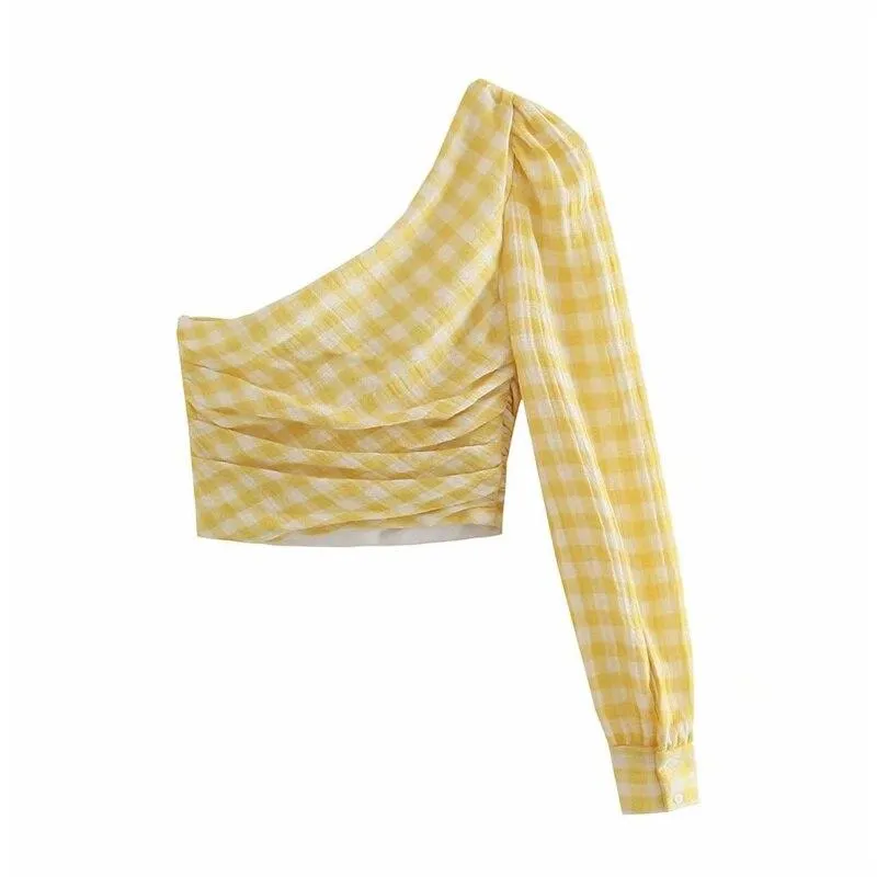 Woman Sweet Yellow Slim Plaid Mini Skirt Suit