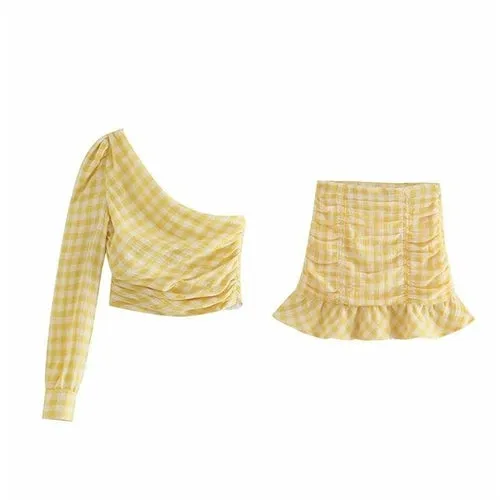 Woman Sweet Yellow Slim Plaid Mini Skirt Suit