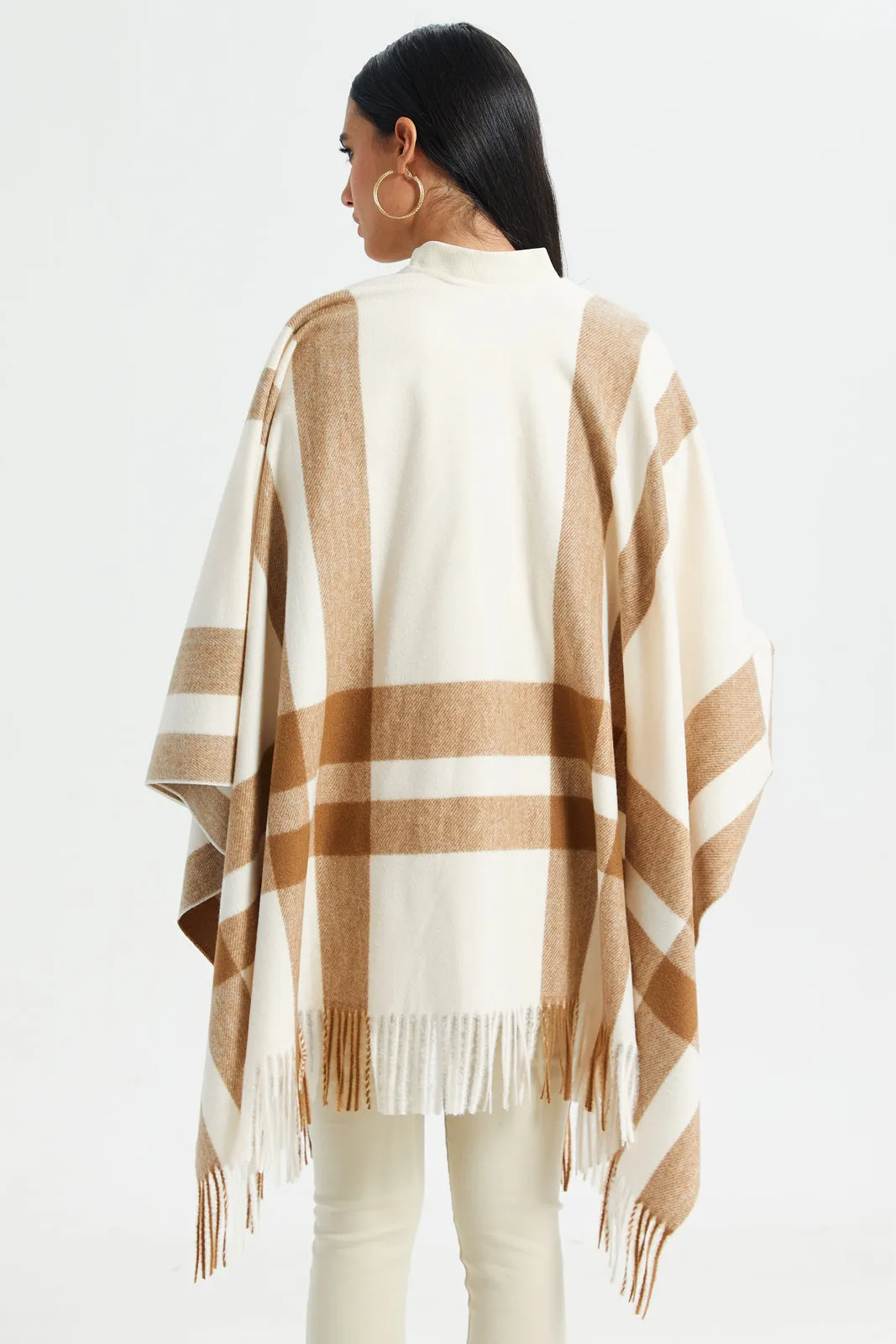 Women Beige And White Checked Poncho