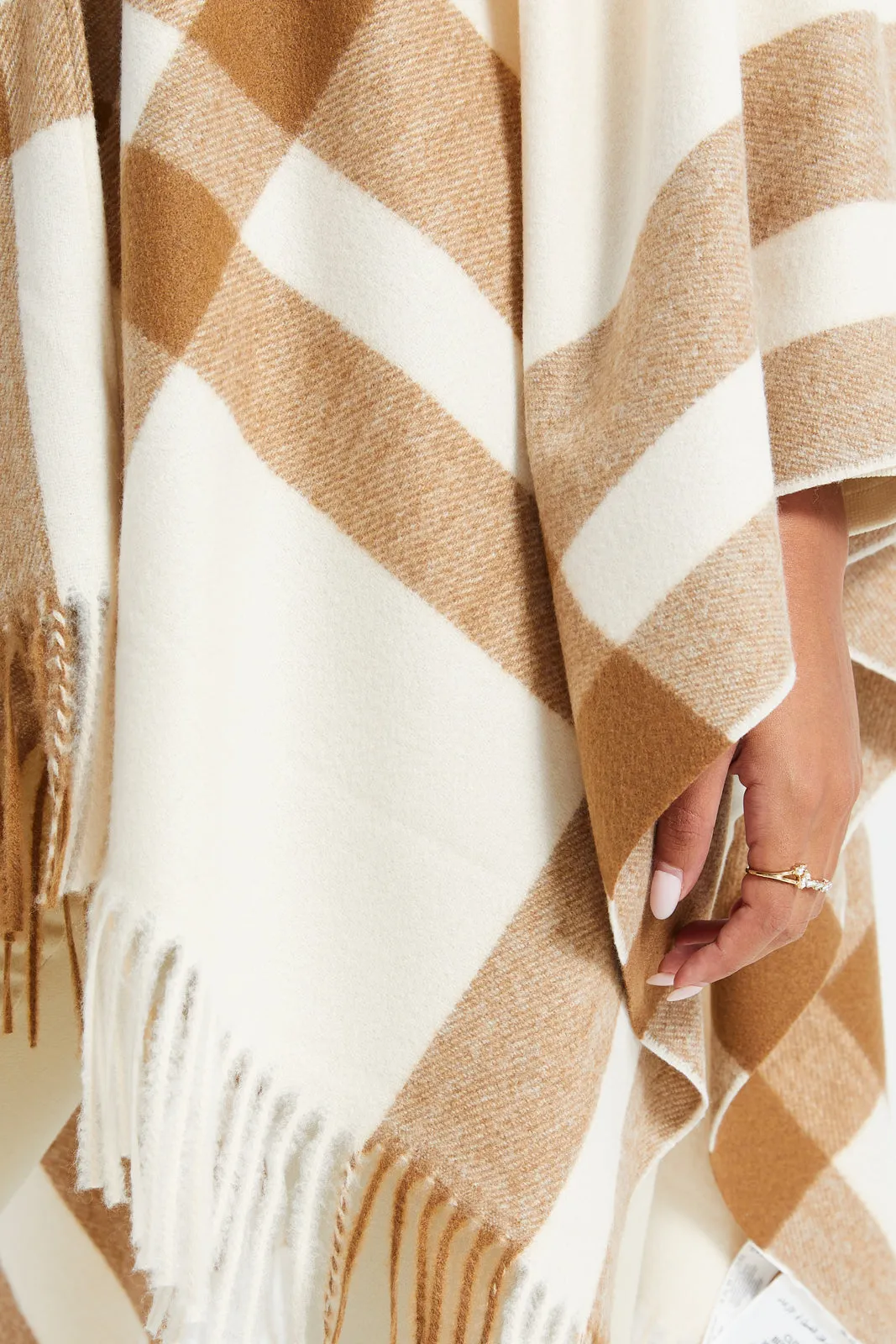 Women Beige And White Checked Poncho