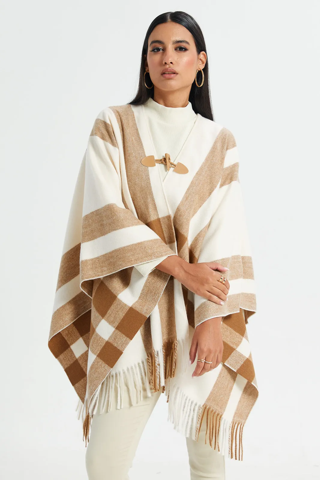 Women Beige And White Checked Poncho