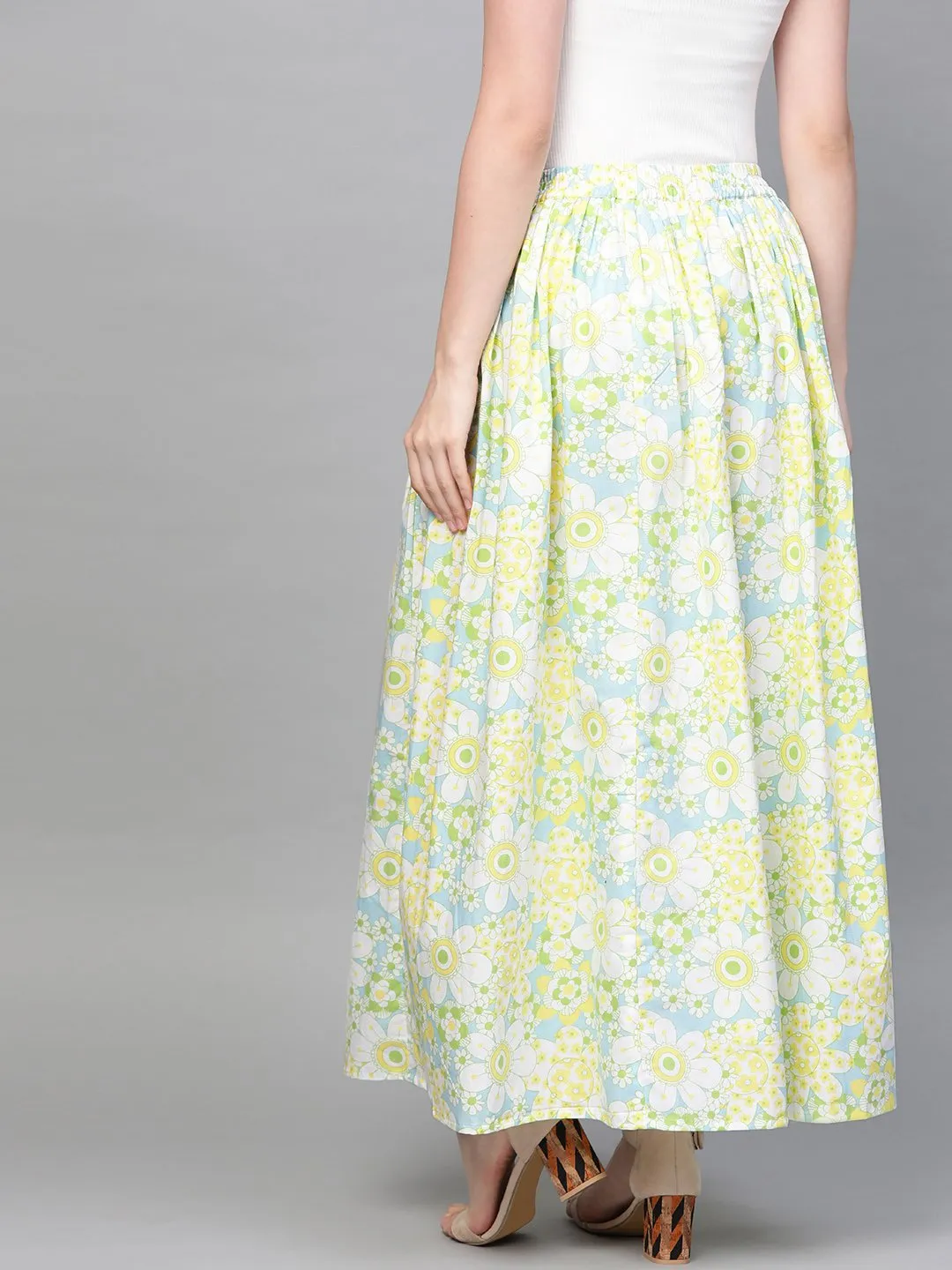 Women Blue & Yellow Floral Printed Flared Skirt