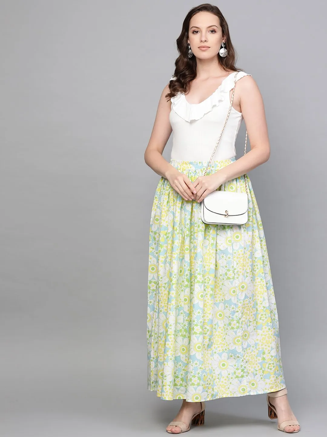 Women Blue & Yellow Floral Printed Flared Skirt