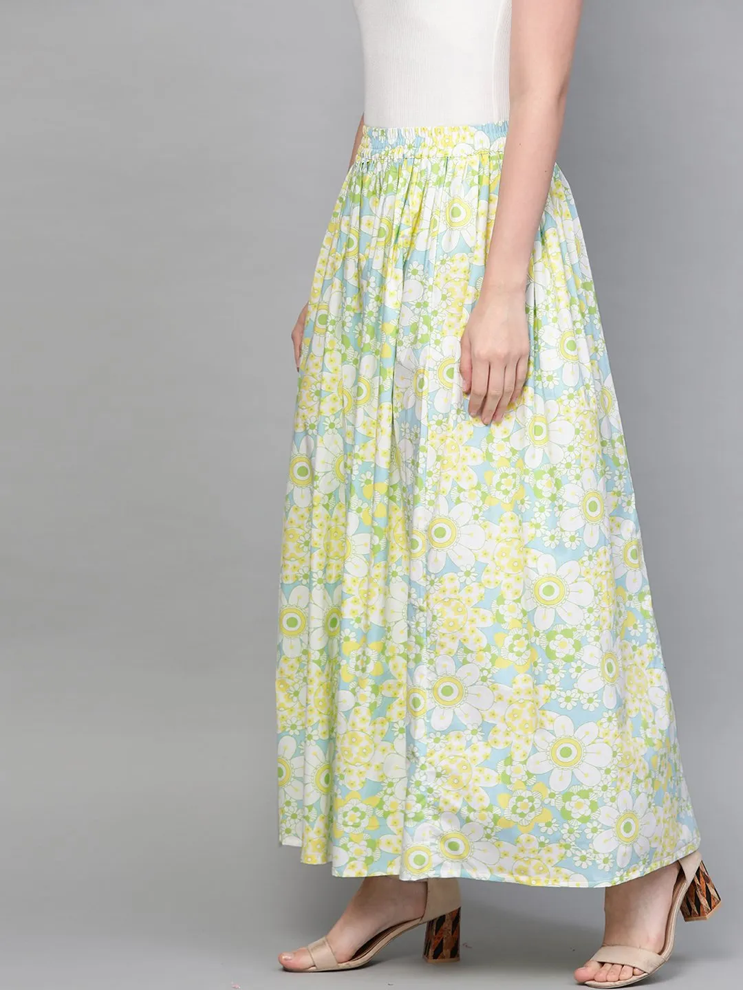 Women Blue & Yellow Floral Printed Flared Skirt