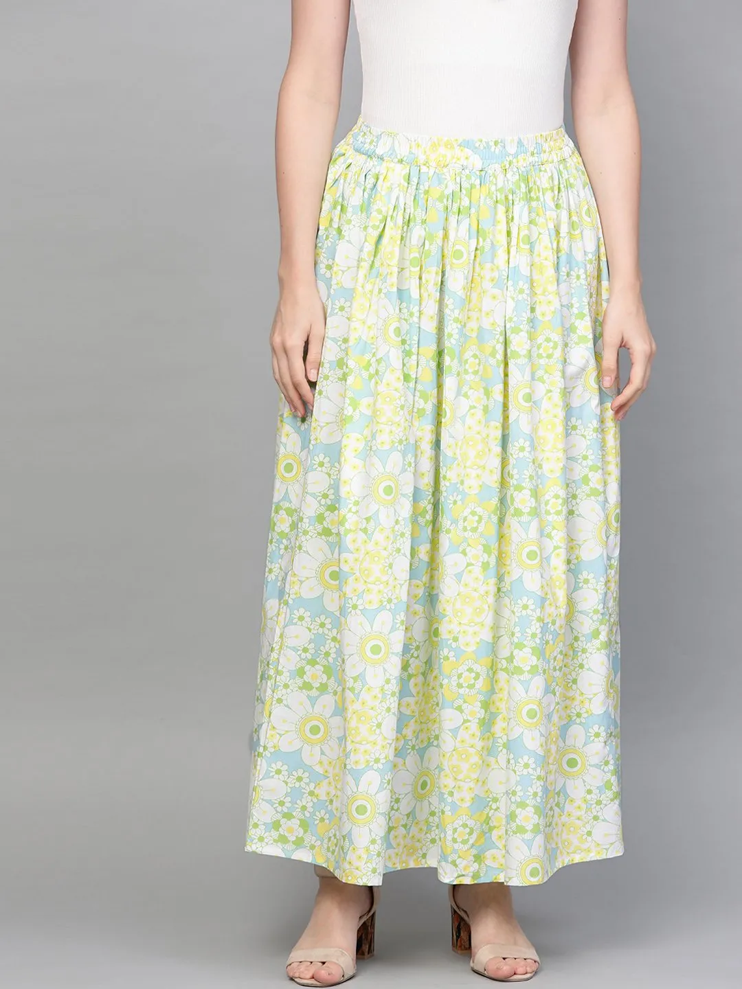 Women Blue & Yellow Floral Printed Flared Skirt