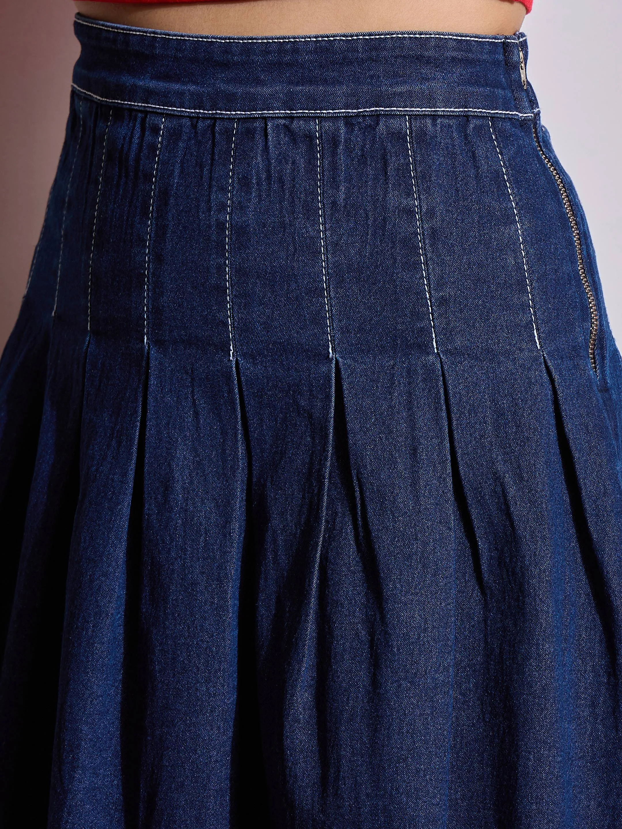 Women Blue Washed Denim Pleated Mini Skirt