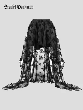 Women Gothic Skirts Black Mesh Flock Printed Wedding Skirt