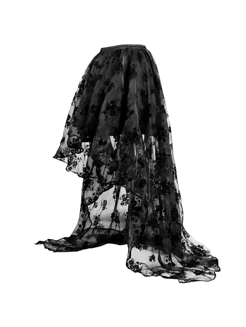 Women Gothic Skirts Black Mesh Flock Printed Wedding Skirt