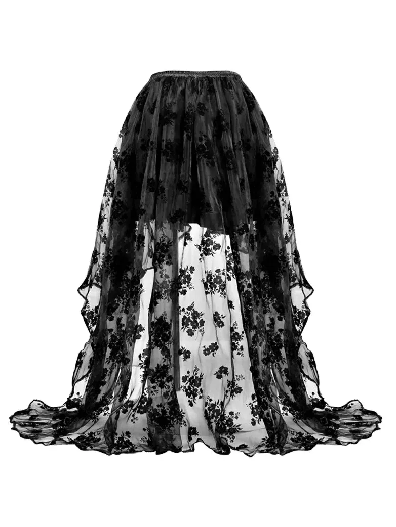 Women Gothic Skirts Black Mesh Flock Printed Wedding Skirt