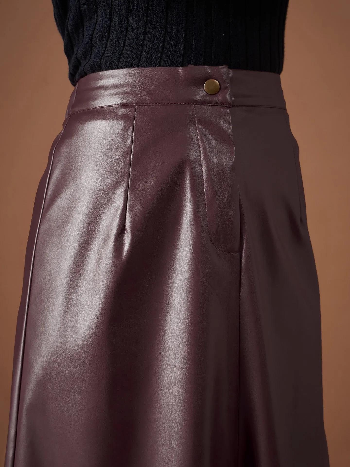 Women Maroon PU A-Line Below Knee Skirt