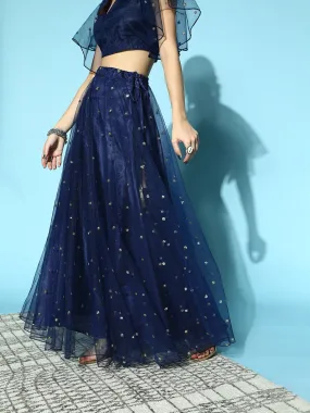 Women Navy Tulle Sequin Flared Skirt