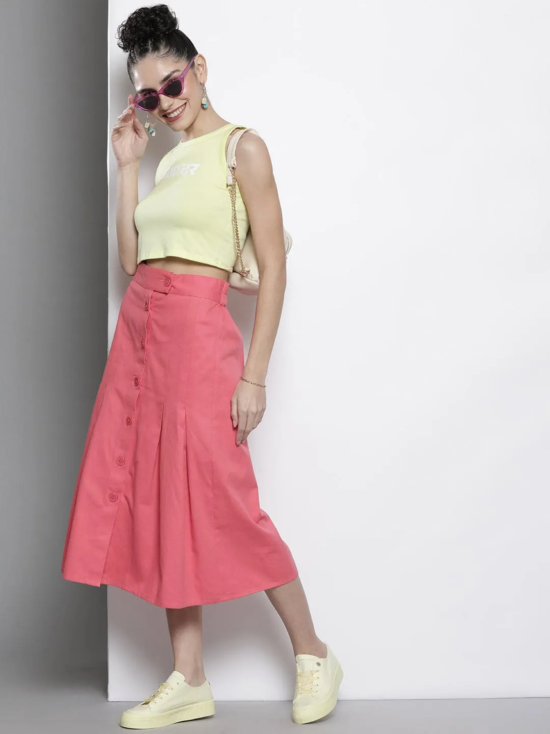 Women Pink Twill Front Button Pleated Skirt