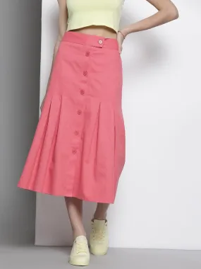 Women Pink Twill Front Button Pleated Skirt