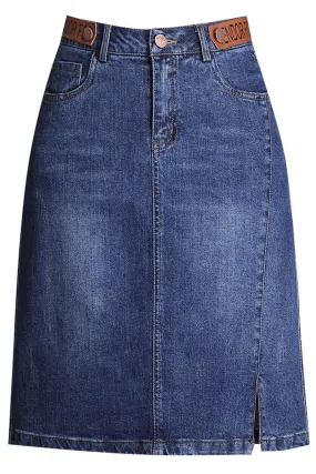 Women Pocket Styled Belt Loops Breathable Knee Length Lightweight Denim Skirt - WSK103163