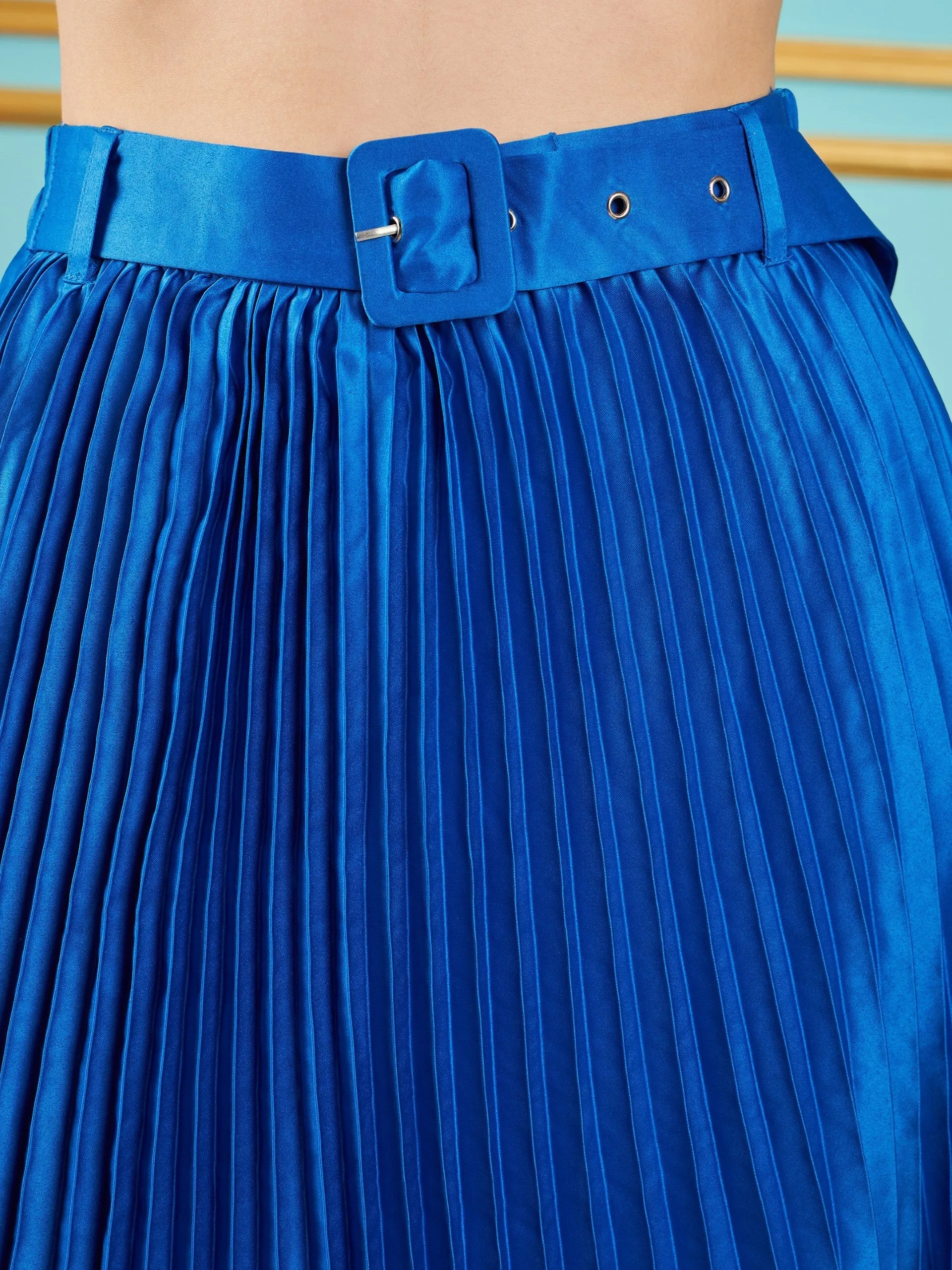 Women Royal Blue Satin Pleated Midi Skirt