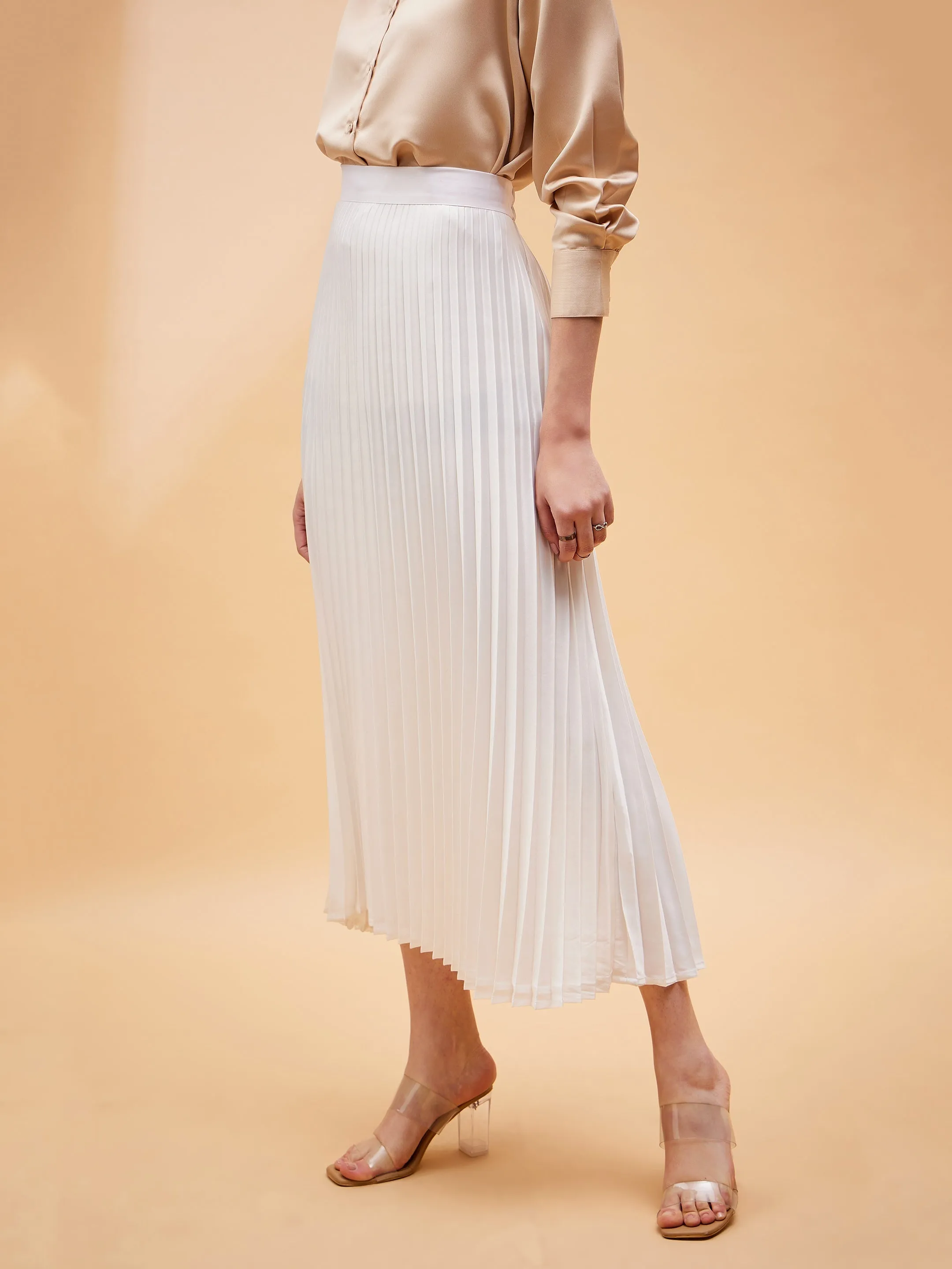 Women White Accordion Pleated Belted Midi Skirt