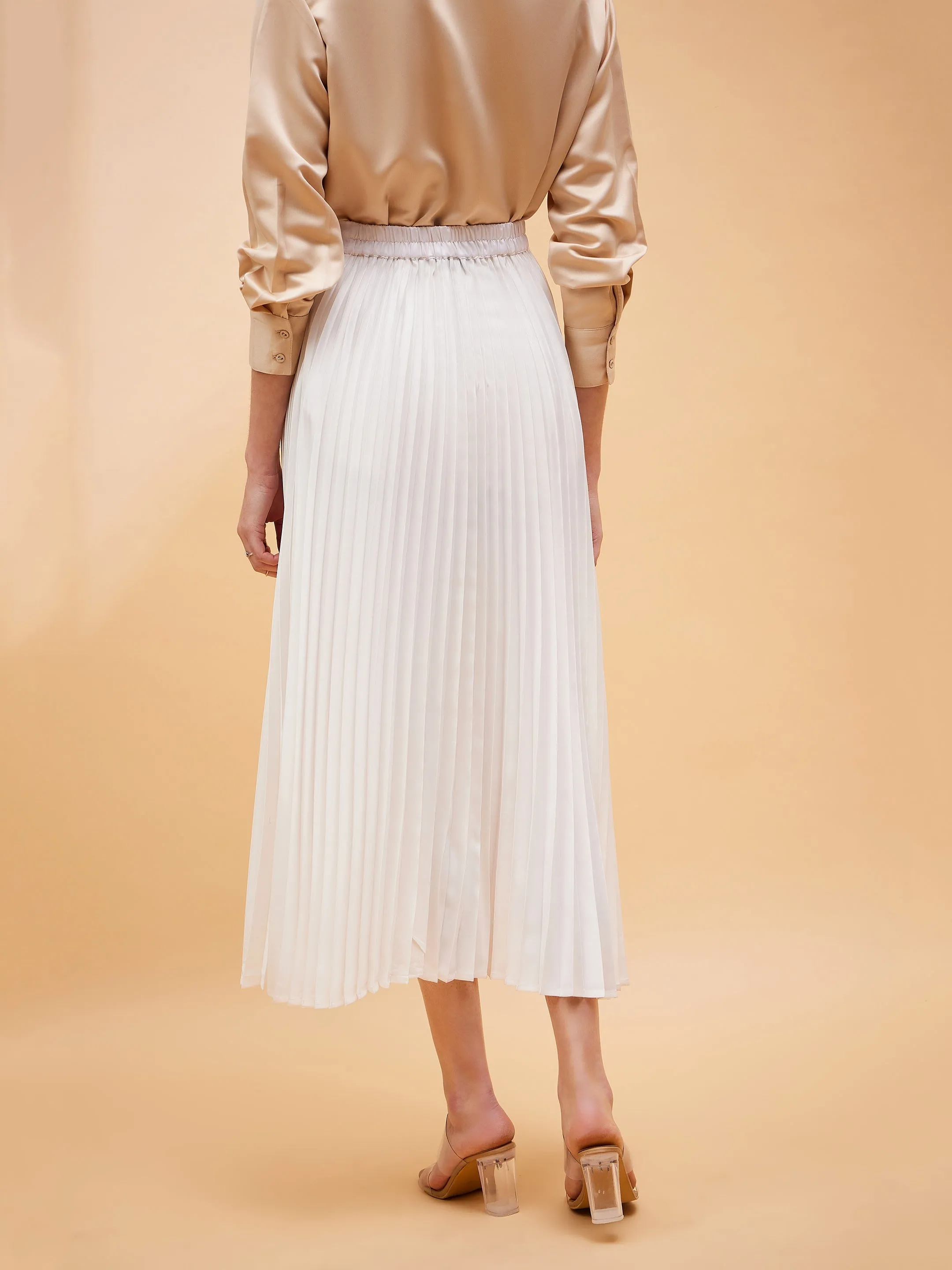 Women White Accordion Pleated Belted Midi Skirt