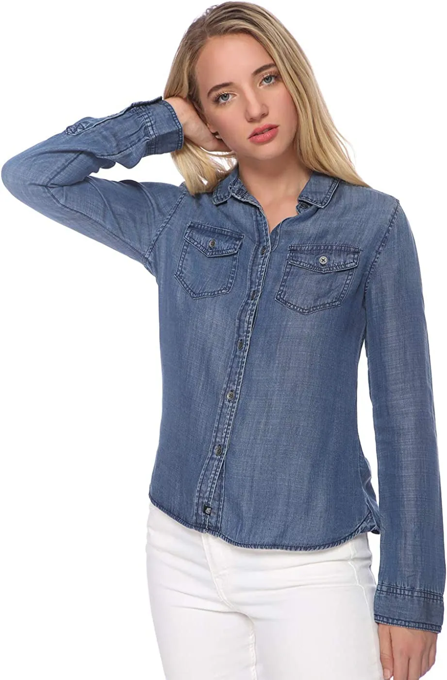 Women's Denim Shirt Button down Blue Jean Tencel Long Sleeve Western Blouse Top