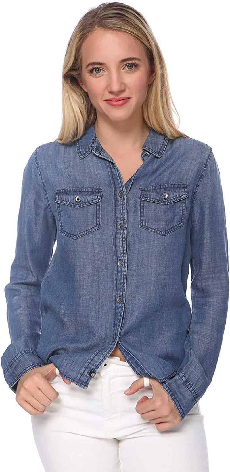 Women's Denim Shirt Button down Blue Jean Tencel Long Sleeve Western Blouse Top