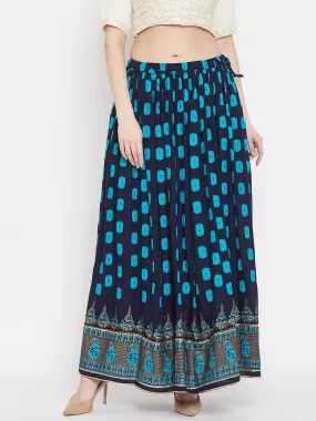 Women'S Navy Blue Flared Printed Skirt