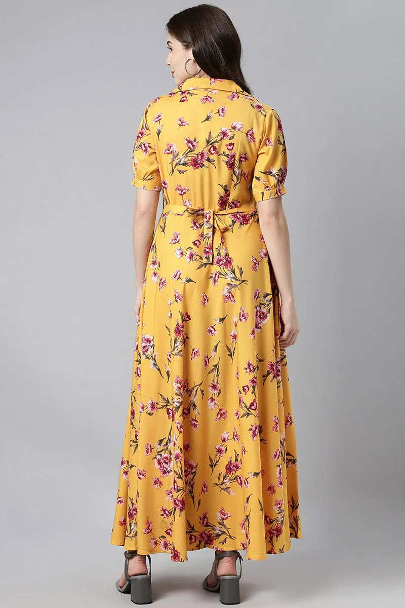 Yellow Georgette Floral Print Maxi Dress