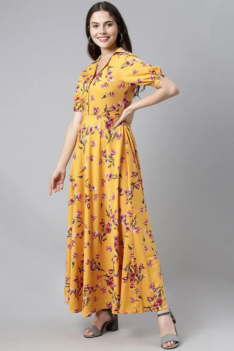 Yellow Georgette Floral Print Maxi Dress