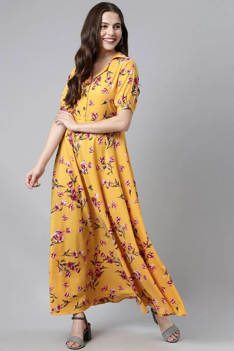 Yellow Georgette Floral Print Maxi Dress