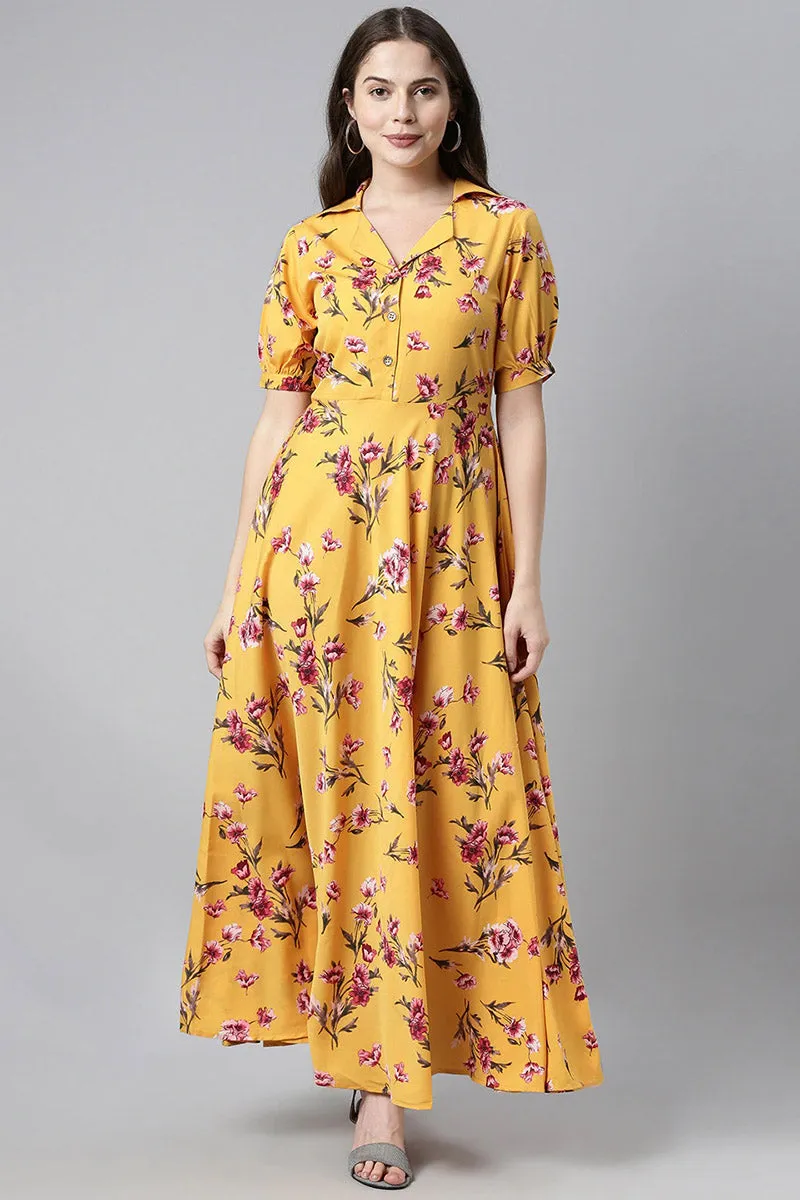 Yellow Georgette Floral Print Maxi Dress